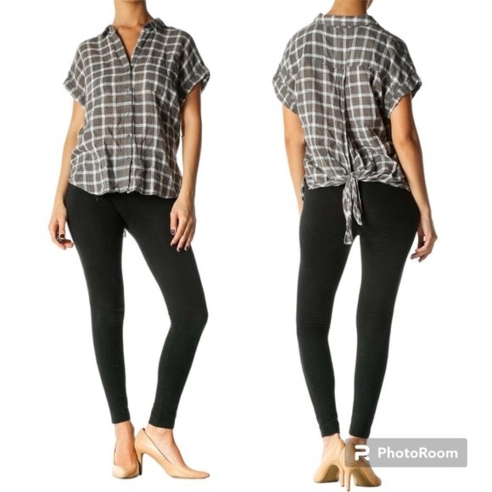Lucky Brand Brown Plaid Button Down Boyfriend Top Blouse With Tie Back Size M